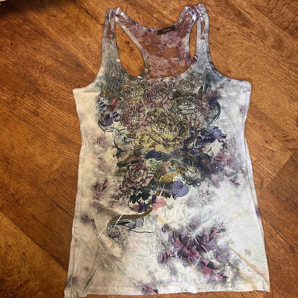 64. Feline Y2K Whimsy Goth Fairycore Rhinestone Graphic Lace Racerback Tank Top